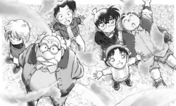 Professor Agasa and the Detective Boys watch the ginkgo leaves fall.